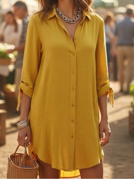 Mlle Gabrielle Dresses & Skirts - Mlle Gabrielle Mustard Yellow Textured Button Front Shirt Dress | Size S